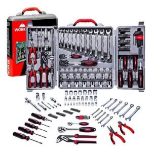 Kit jogo de ferramentas maleta com 110 peças soquete chave completo worker cinza aço cromo vanádio