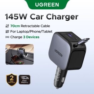 Carregador de carro ugreen 60w/90w/145w pd60w cabo retrátil usb-c carga rápida para iphone 16 pro max samsung s25/s24