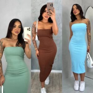 Vestido midi tomara que caia canelado - elegância e conforto em um único vestido! tecido anarruga!