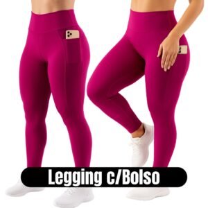 Calça legging com bolso lateral feminina suplex cós largo academia fitness