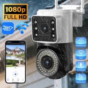 Câmera de segurança lente dupla icsee ip66 wi-fi 360° sensor movimento visão noturna 2 em 1 fixa-g1