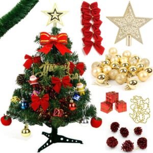 Árvore de natal 60cm decorada completa com enfeites vermelho e dourado pequena mesa balcão decoração