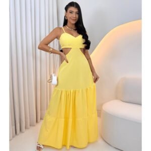 Vestido longo verão com alça e fenda amarelo manteiga cor lisa