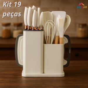 Conjunto de utensílios silicone com cabo madeira e kit facas tábua 19peças