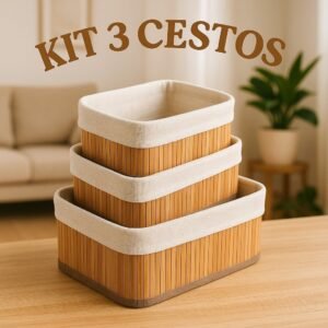 Kit cestos de bambu retangular organizadores multiuso com forro banheiro lavanderia decoração cosmeticos pequeno grande