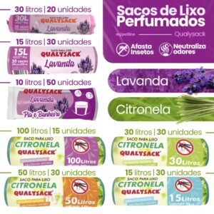 Saco de lixo aroma lavanda e citronela 10, 15, 30, 50 100 litros - qualysack