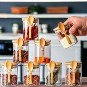 Kit potes de vidro tampa hermética e colher bambu 250ml