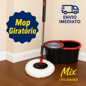 Mop giratório plástico 360° com refil balde e cesto cabo de 140 cm