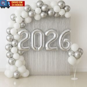 Kit balão 2026 prata 75cm ou 40cm + 75 balões 2 cortinas metalizadas - decoração ano novo reveillon