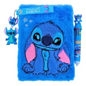 Kit caderno pelúcia stitch caneta 10 cores e chaveiro promo