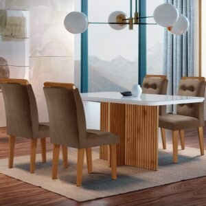 Conjunto sala de jantar mesa olímpia 120cm mdf vidro canto copo com 4 cadeiras carol moderna