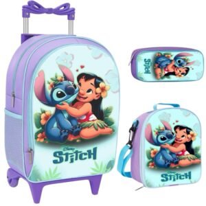 Kit escolar mochila infantil rodinha feminina lilo e stitch + lancheira termica estojo
