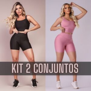 Kit 2 conjunto fitness short e cropped - academia cintura alta