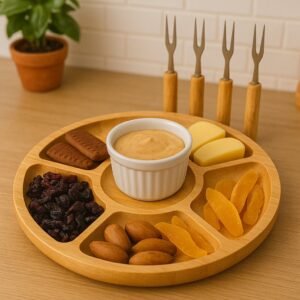 Petisqueira redonda para frios queijo c/ molheira ramekin e garfinhos inox cabo madeira p/ petiscos