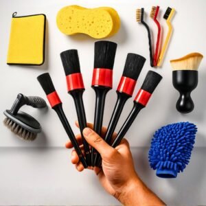 Kit 5 pincel automotivo luva microfibra flanela 30x40 cm escovinha aço escova pneu esponja lavar carro