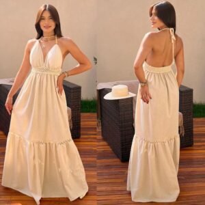 Vestido linho feminino casual social de algodão com bojo alongado e elegante roupa moda feminina lisa festa