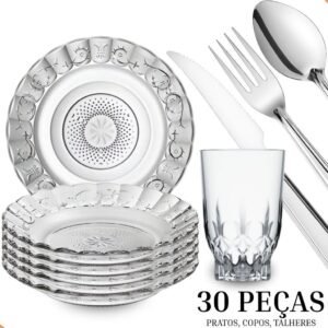 Jogo de pratos fundos e copos c/30 peças aparelho jantar em vidro com talheres