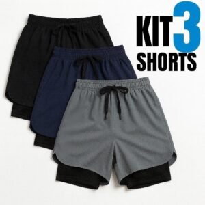 Kit 3 shorts 2 em 1 iron bull dry masculino corrida e academia com forro de compressão