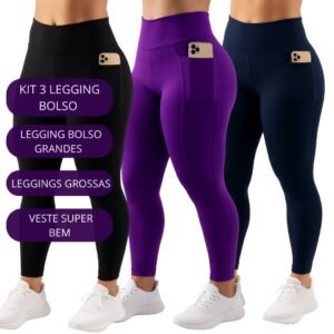 Kit 3 calça legging feminina com bolso lateral fitness esportiva ideal guardar objetos