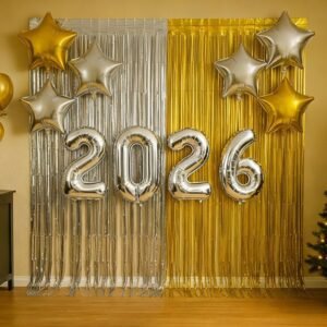 Kit decoração 2026 ano novo 2 cortinas metalizadas 1x2m toalha 6 balões estrela 10" festas eventos