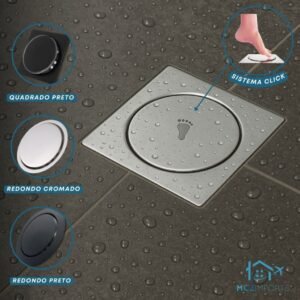Ralo inteligente click 10x10 15x15 cm inox banheiro lavabo veda cheiro