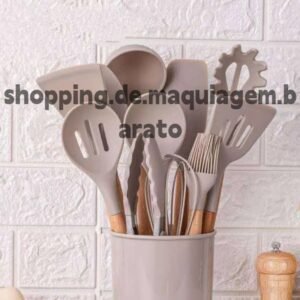 Favourite kit c/12 peças utensílios de cozinha colheres espatula silicone cabo madeira decoração livre bpa
