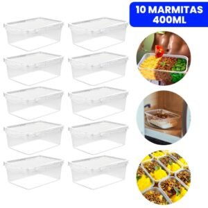 Kit 10 potes marmita fit 380ml retangular com tampa 4 travas jogo de livres bpa