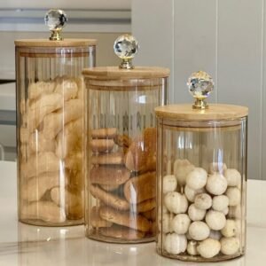 Kit potes vidro canelado âmbar cristal porta mantimentos cozinha tampa bambu argola dourada pmg tempero