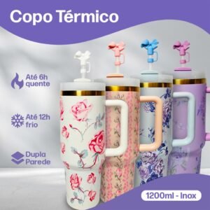 Copo térmico com canudo 1.2l inox 1200ml garrafa protetor de florido personalizado floral