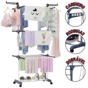 Varal dobrável 3 andares com rodinhas | metal reforçado suporta 20kg envio imediato
