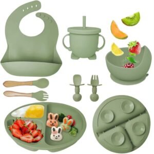 Kit 8 peças talheres alimentação bebê silicone - infantil com ventosa canudo colher babador garfo
