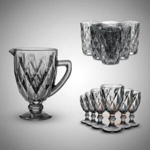 Kit fume completo jarra diamond 1l, 6 taças 320ml, copos 390ml de sobremesa