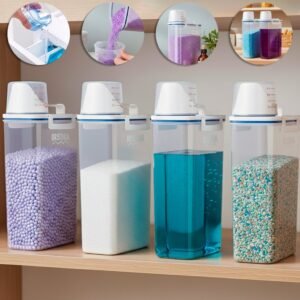 Kit 3 potes hermético porta sabão pó líquido copo dosador 2l