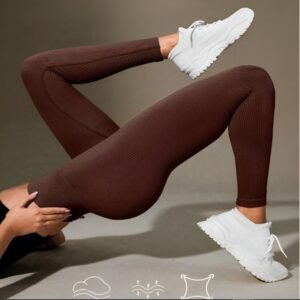 Calça legging canelada de cintura alta sem costura para academia feminina, elástica e fitness