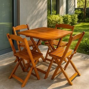 Jogo de mesa dobrável 70x70 c/ 4 cadeiras madeira maciça
