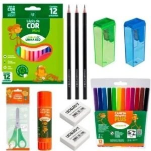 Kit escola leo&leo - lápis mini 12 cores+3 escrever+2 apontador depósito+tesoura+cola bastão+canetinhas+2 borracha