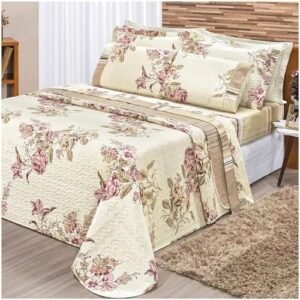 Kit cobre leito colcha forro de cama casal dupla face estampado 3pç 150 fios toque pessego