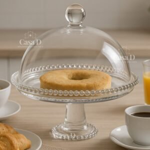 Prato de cristal porta bolo boleira queijeira suporte doces com pé e tampa pearl bolinhas transparente wolff