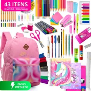 Kit material escolar feminino completo com sem mochila feminina estojo menina rosa