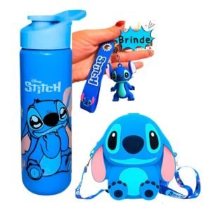 Kit garrafa stitch bolsa silicone azul rosa pequena mini tiracolo lilo novo presente squeeze