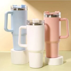 Copo térmico grande 1200ml em aço inox com alça e canudo metal cor vibrante