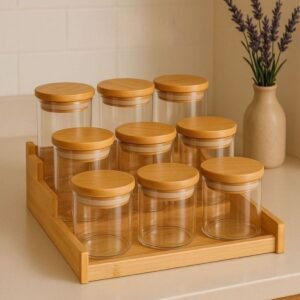 Kit 6 potes para tempero 200ml vidro hermético tampa bambu alta vedação mantimentos