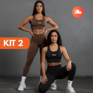 Kit 2 conjuntos fitness feminino strep top + calça legging cintura alta suplex academia & treino