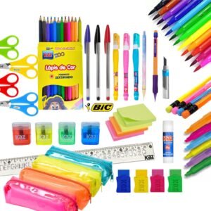 Kit material escola completo caneta atacado peças lápis estojo borracha marca texto volta às aulas 2026