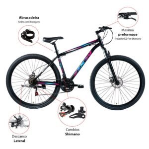 Bicicleta axw aro 29 aço shimano com freio a disco e suspensão