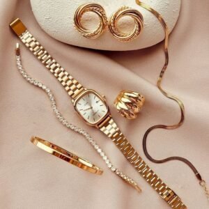 Kit conjunto relógio feminino dourado com bracelete pulseira brincos e colar acessórios moda relogio