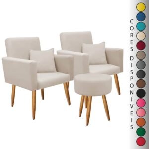 Conjunto 02 poltronas para sala decorativa nina com almofada e puff redondo pés palito suede aninha decor