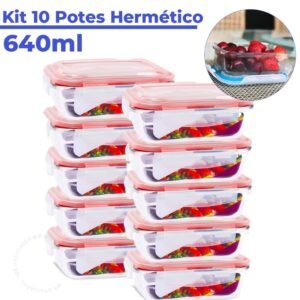 Kit pote de vidro hermético retangular 640 ml 5 ou 10 unid marmita microondas