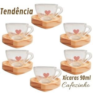 Jogo xícaras de café pires madeira coração cantinho do nescafe dolce gusto expresso