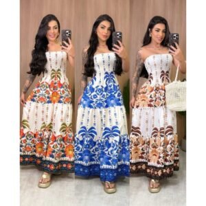 Vestido longo tomara que caia con elastex estampado cores de verão